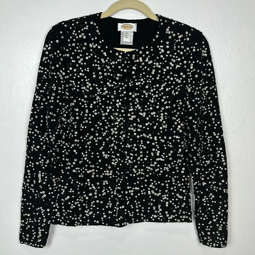 Talbots Vintage Merino Wool Blend Black Beaded Sequins Cardigan Sweater Size S